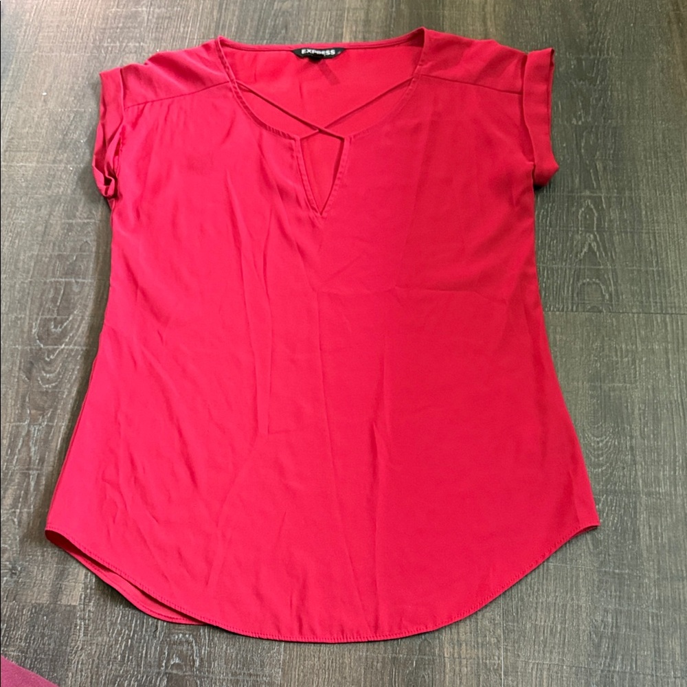 Express Red Blouse XS Short Sleeve V Neck Top